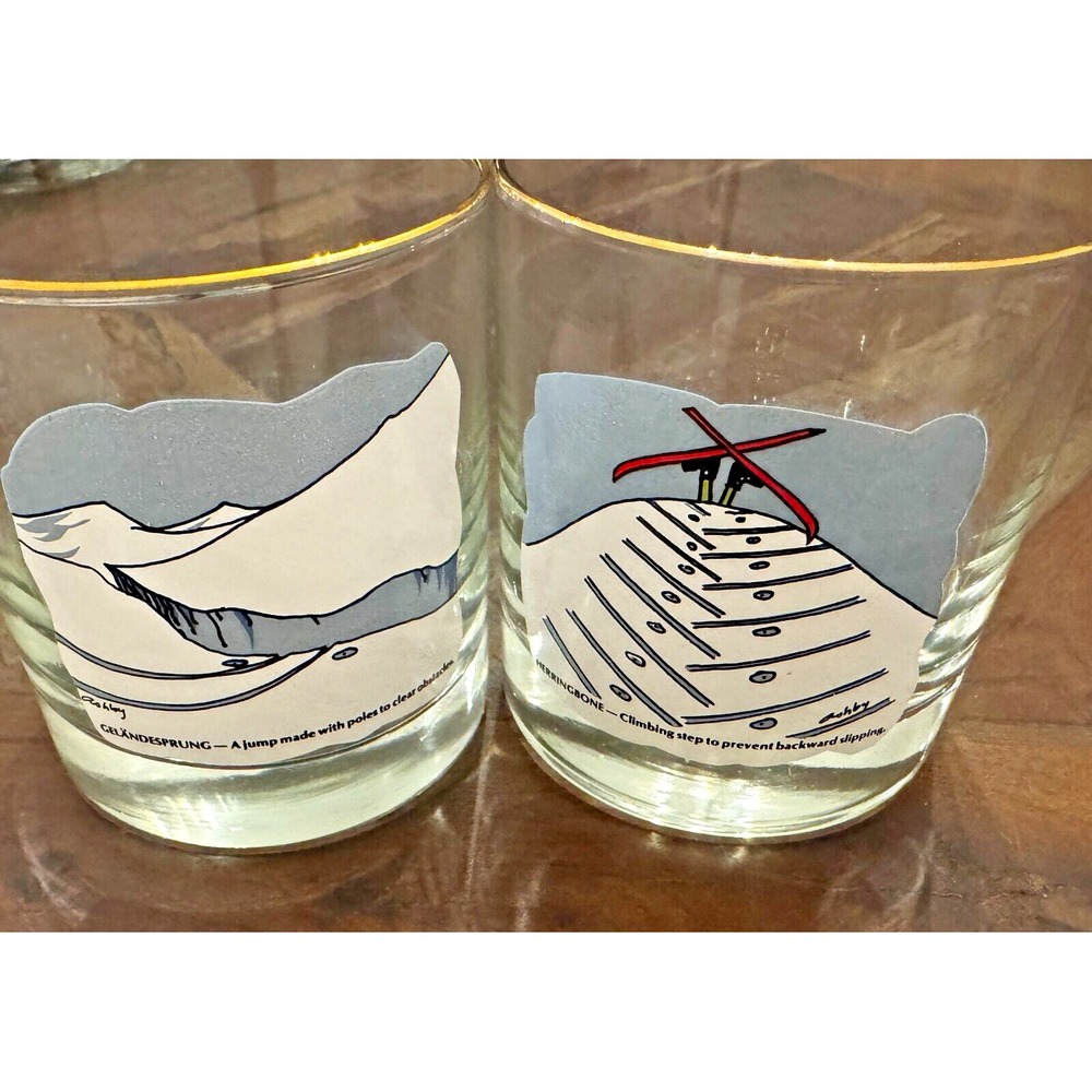 Ski Winter Themed Whiskey Glasses Low Ball‎ Gold Tone Rim Set of 2
